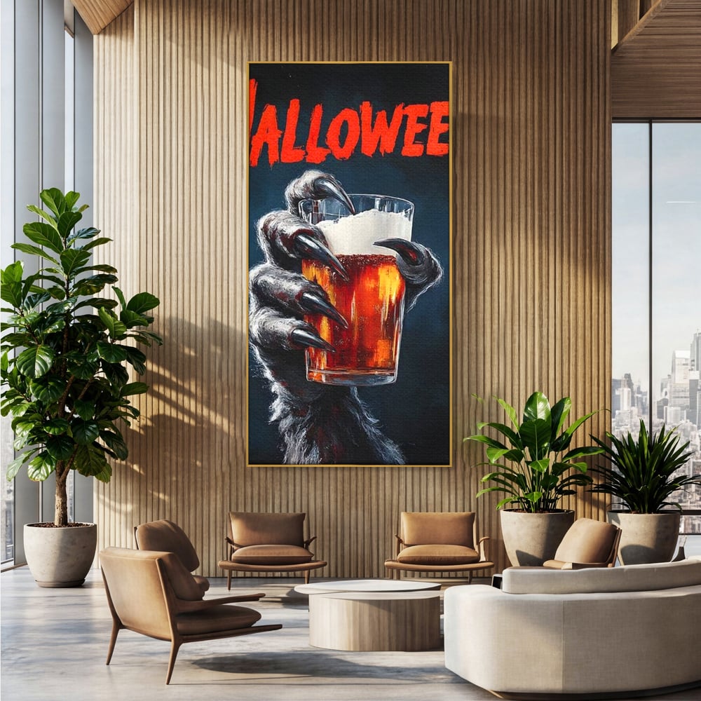 Tablou canvas cu tablou canvas cu varcolac tinand bere, in rama de aluminiu auriu, pe perete intr-un birou